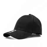 A black cap with a curved brim and a logo on the front, featuring a simple, classic design.