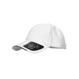 A white cap featuring a branded logo and contrasting black visor. Ideal for headwear promotions.