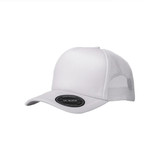A white trucker cap featuring a solid front and mesh sides, complete with a branding logo.