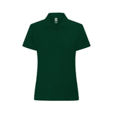 A dark green women's polo shirt with a collar and short sleeves, featuring a logo.