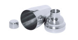 A stainless steel Bondi cocktail shaker with two pieces and a set of measuring cups. Features a shiny finish.