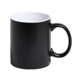 A coffee mug with a black exterior and white interior, featuring a handle and a branding logo.
