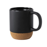 A black coffee mug with a cork base and a smooth finish, featuring a handle and a branded logo.