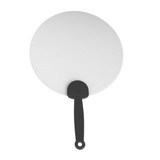 A plastic hand fan with a round, white surface and a black handle, featuring a logo on the handle.
