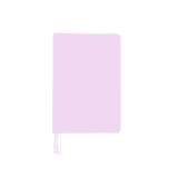 A pastel pink A5 notebook with a ribbon bookmark and a logo on the cover.