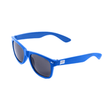 Blue Wayferer sunglasses with dark lenses and a logo on the side.