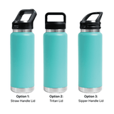 A drink bottle featured in three styles: a straw handle lid, a Tritan lid, and a sipper handle lid, all in turquoise.