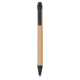 A recycled cardboard pen in natural brown with a black push-action top and clip, featuring a logo.