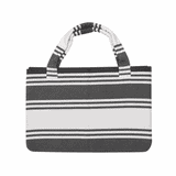 A foldable beach towel bag in grey and white stripes, featuring handles and a logo. Ideal for leisure and outdoor activities.