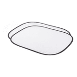 A pair of rectangular car sunshades with a black trim and a transparent mesh design.