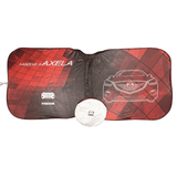 A foldable car sun visor in red and black featuring a car design and a round storage pouch.