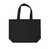 A black tote bag with two handles and a simple design, featuring a logo on one side.