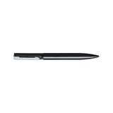 A metal pen in black with a chrome clip and a sleek design. It features a logo on the body.