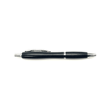 A black pen with a sleek design, featuring a silver tip and clip, and a logo near the grip.