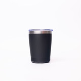 A drink bottle with a black matte finish and a silver rim, featuring a clear lid and a branding logo.