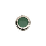 A foldable desk hook with a shiny silver finish and a green mirrored surface. It features a compact, circular design.