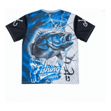 A men's fishing tee featuring a blue and black design with a large fish graphic and a logo on the sleeve.