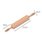 A wooden rolling pin in a light, natural finish, featuring a logo and measuring 21cm in length.