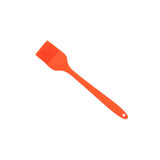 An orange silicone pastry brush with a long handle and grooved bristles. It features a hanging hole for storage.