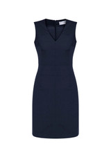 A sleeveless, navy blue V-neck dress with a fitted silhouette and a zip closure at the back, featuring a logo.