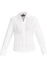 A white long-sleeve button-up shirt for women with a fitted design and a logo on the collar.