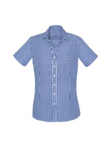 A short sleeve women's button-up shirt in a blue and white gingham pattern, featuring a chest pocket and a logo.