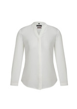 A white women's long sleeve blouse with a button-up front and a collar, featuring a brand logo.