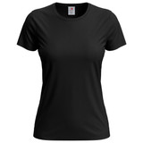 A black Women's Classic T-shirt featuring short sleeves and a round neckline, with a logo on the label.