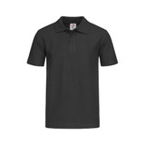 A black Junior Heavyweight Polo shirt with a classic collar and short sleeves, featuring a logo.