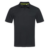 A black polo shirt featuring a modern design and a logo. It has a yellow accent on the collar.