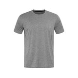 A grey T-shirt with short sleeves and a crew neckline. Features a logo on the front.