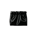 A black zipperless portable makeup bag with a gathered top, featuring a smooth, shiny surface. It has a logo on the front.