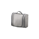 A grey travel storage bag with multiple compartments and zippers, featuring a sturdy handle on top.