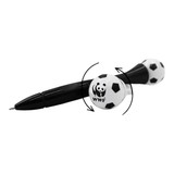 A black pen with a spinning soccer ball design at each end, featuring a logo.