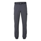 Lightweight cuffed pants in dark grey with side pockets and a belt. Features a logo on the waistband.
