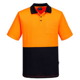 A high visibility short-sleeved polo shirt in orange and black, featuring a chest pocket and a logo.