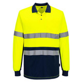A long-sleeve polo shirt in high-visibility yellow with navy contrast and reflective stripes, featuring a logo.
