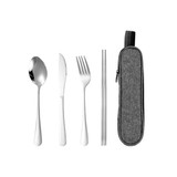 A travel cutlery set featuring a spoon, knife, fork, and chopsticks in a grey case. The cutlery has a shiny metallic finish.