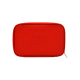 A red empty first aid kit bag with a zip closure and a flat surface. Features a logo.