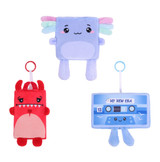 A set of three plush toys: a blue square character, a red monster, and a cassette tape design, each with O rings.