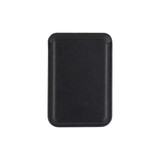 A black PU magnetic phone card holder featuring a sleek, minimal design and a subtle branding logo.