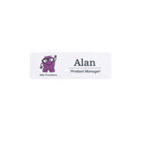 A custom PVC name badge featuring a purple cartoon character and text in black on a white background.
