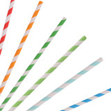 A collection of 4-ply straight drinking paper straws in orange, green, blue, and white, arranged in a dynamic layout.