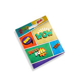 A colourful tote bag featuring comic-style graphics and a handle on top. It has a mix of vibrant hues and patterns.