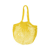 A yellow mesh grocery bag with two handles, featuring an open weave design.