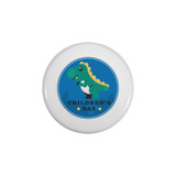 A white frisbee featuring a cartoon dinosaur on a blue background, with a circular graphic design.