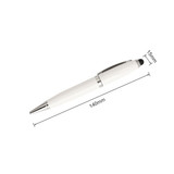 A white metal pen with silver accents and a black stylus tip, measuring 140mm in length and 15mm in diameter.