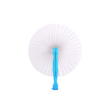 A round plastic paper fan with a blue handle and white fan blades, featuring a pleated design.