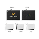 A7 pearlescent index cards with a ring, featuring black, lined, blank, and grid card options. Includes a logo.