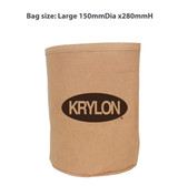 A large washable kraft paper bag in natural brown with a circular base, featuring a logo.